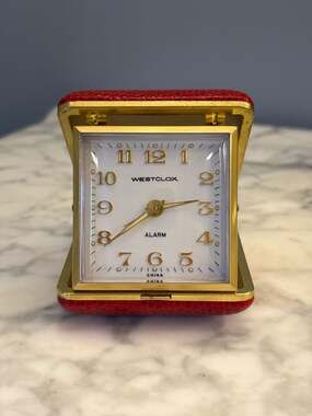 Vintage MCM Westclox Travel Alarm Clock in Red Faux Alligator Case